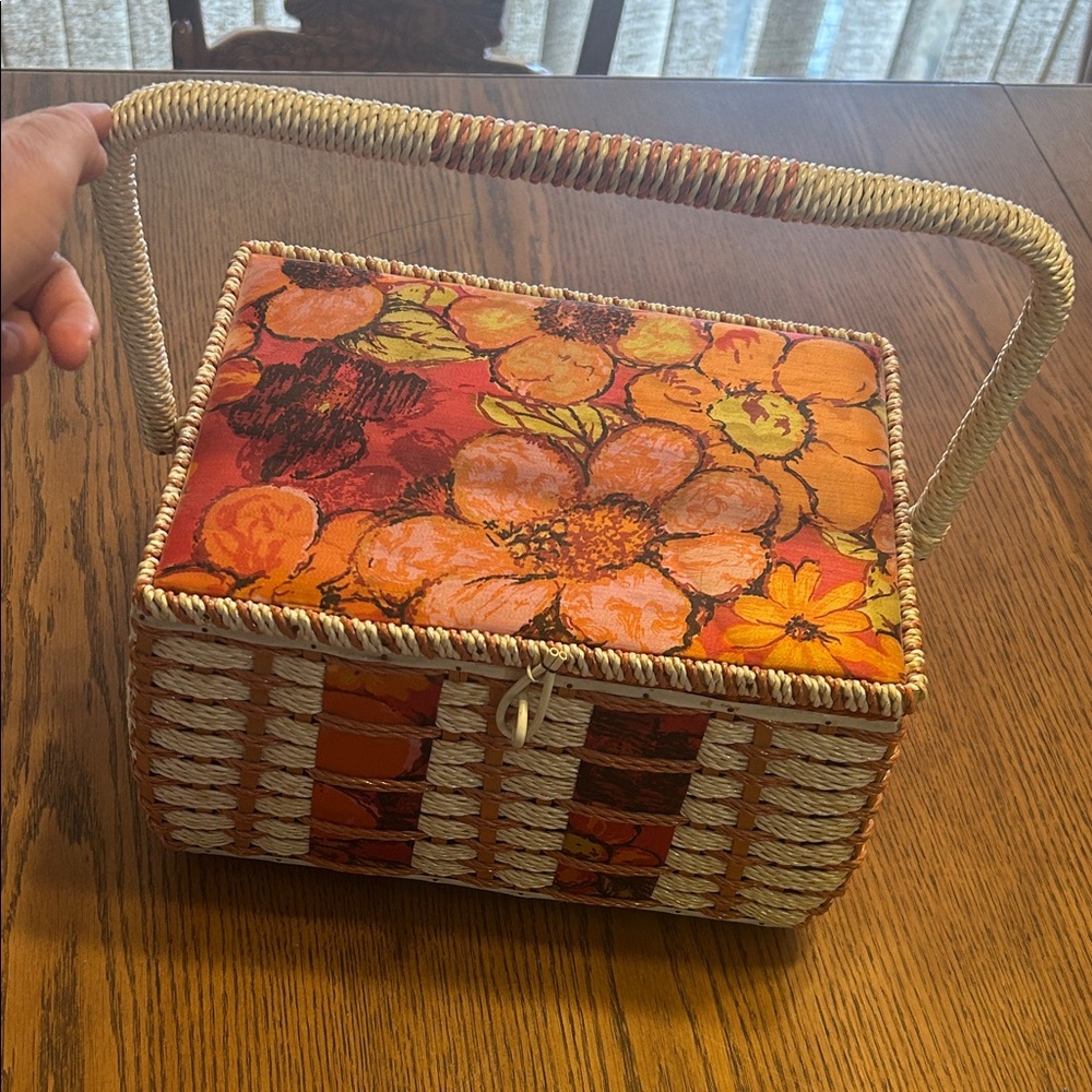 Vintage Floral Sewing Basket - Orange Floral Top